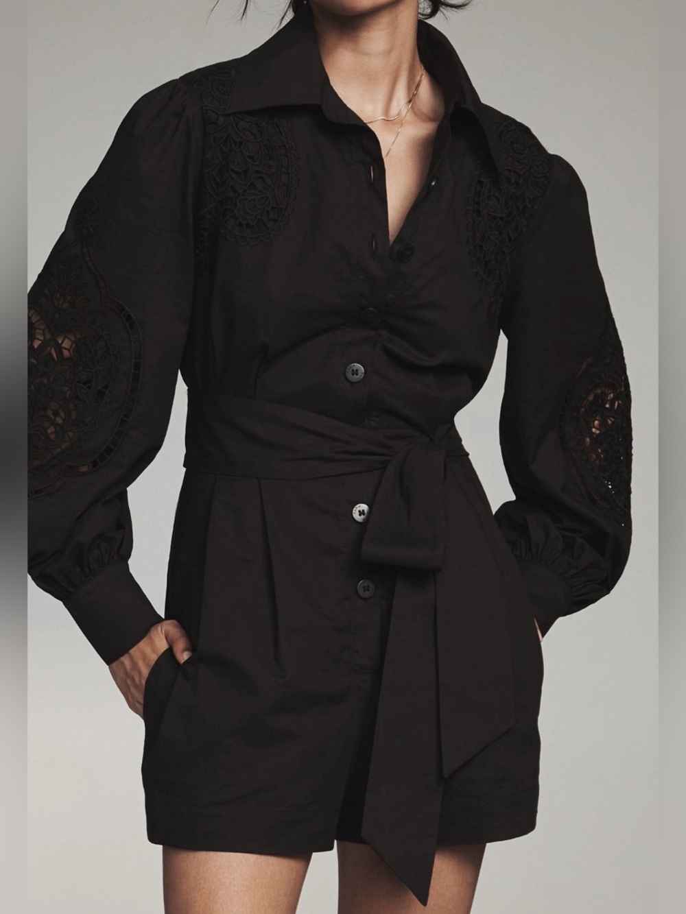 Farm Rio Black Embroidered Cutout Sleeve Romper L